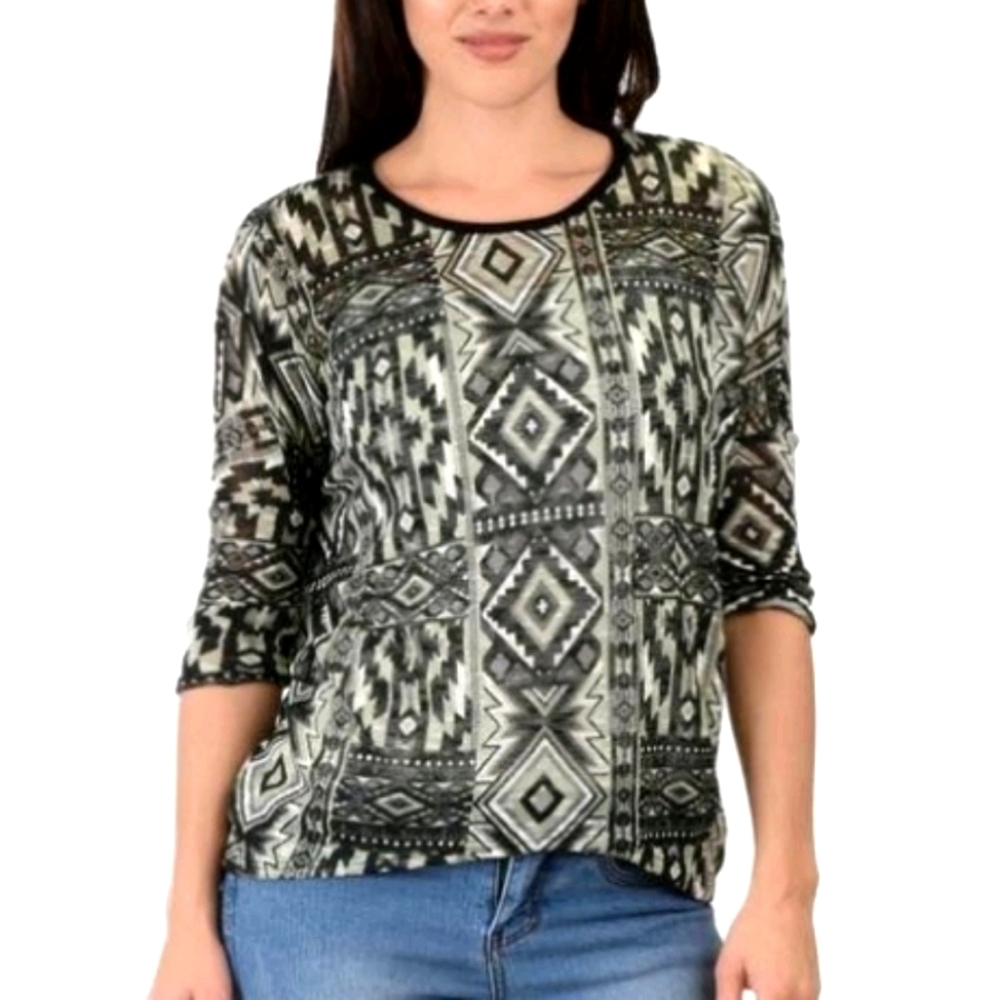 Lyss Loo Aztec Quarter Sleeve Tunic Black White